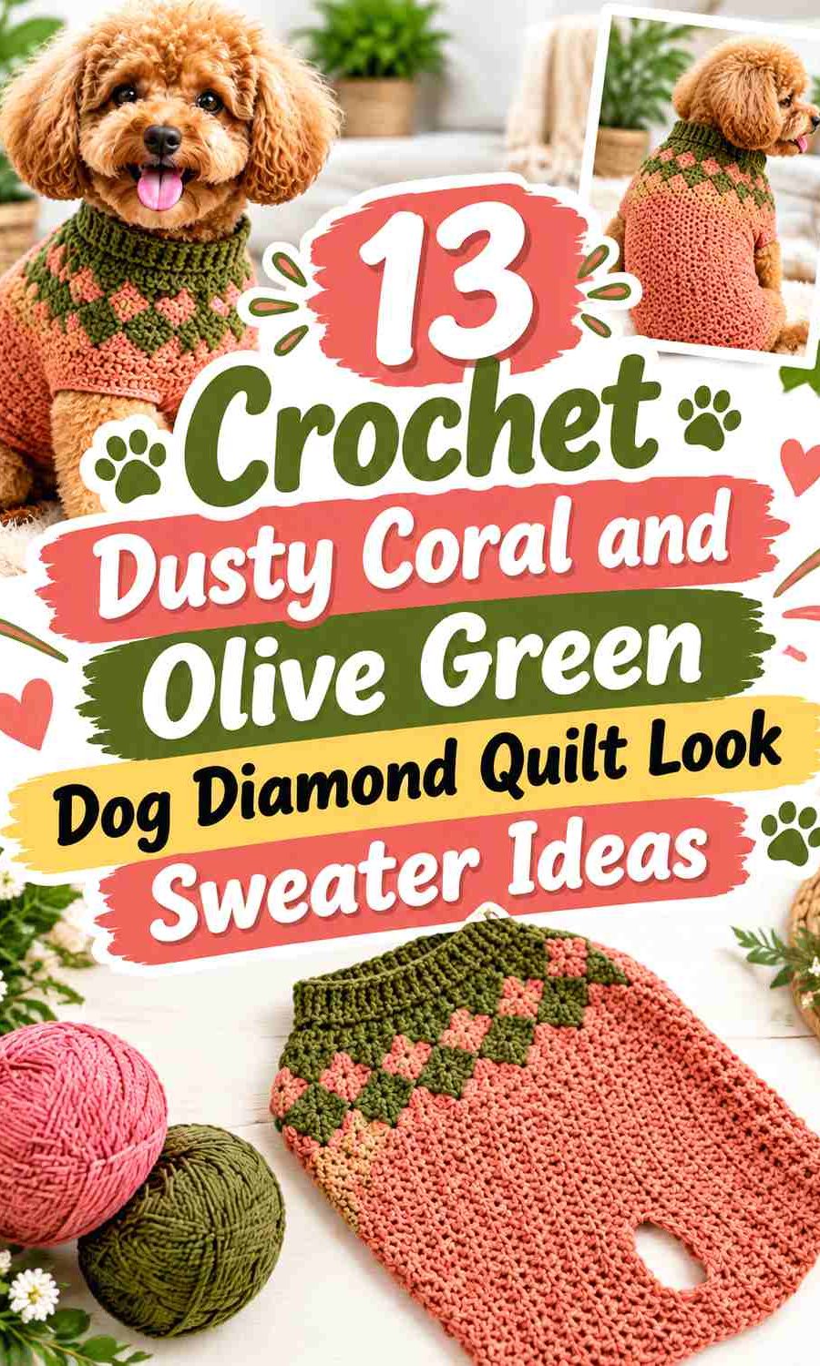 Crochet Dusty Coral & Olive Green Dog Diamond Quilt Look Sweater Ideas