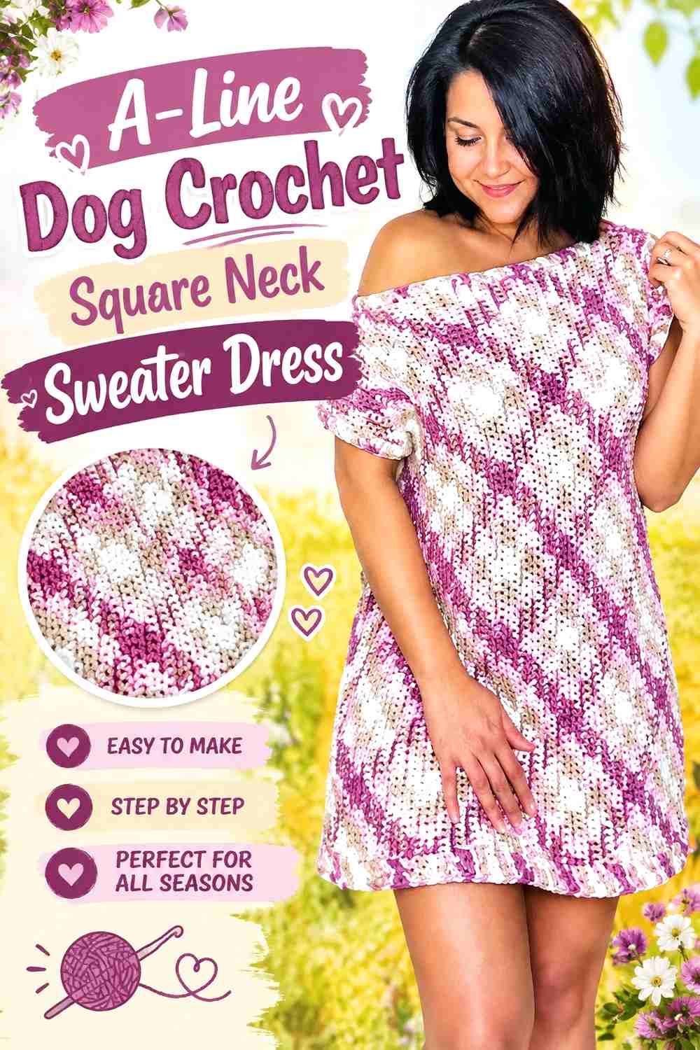 A-Line Dog Crochet Square Neck Sweater Dress