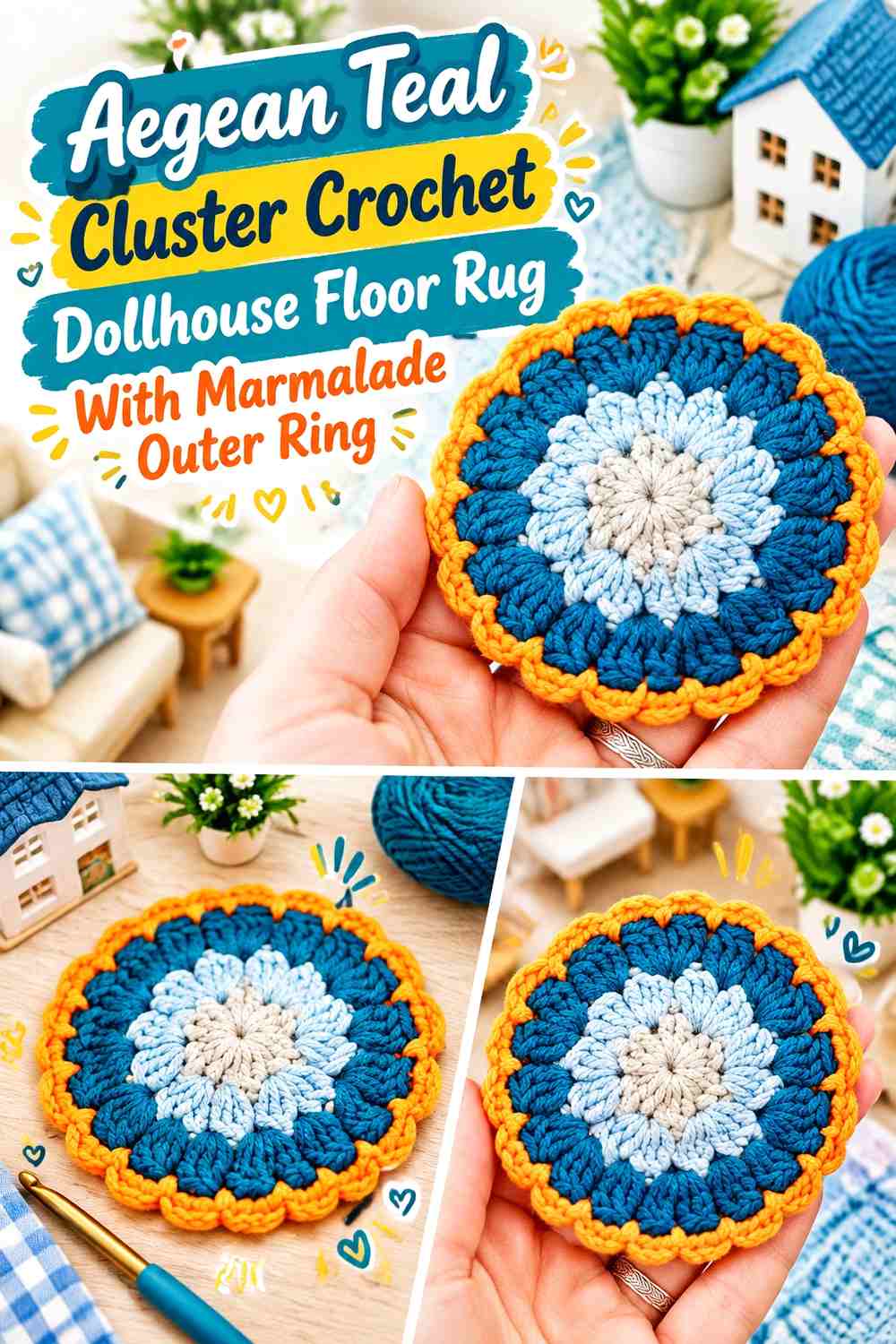 Aegean Teal Cluster Crochet Dollhouse Floor Rug With Marmalade Outer Ring