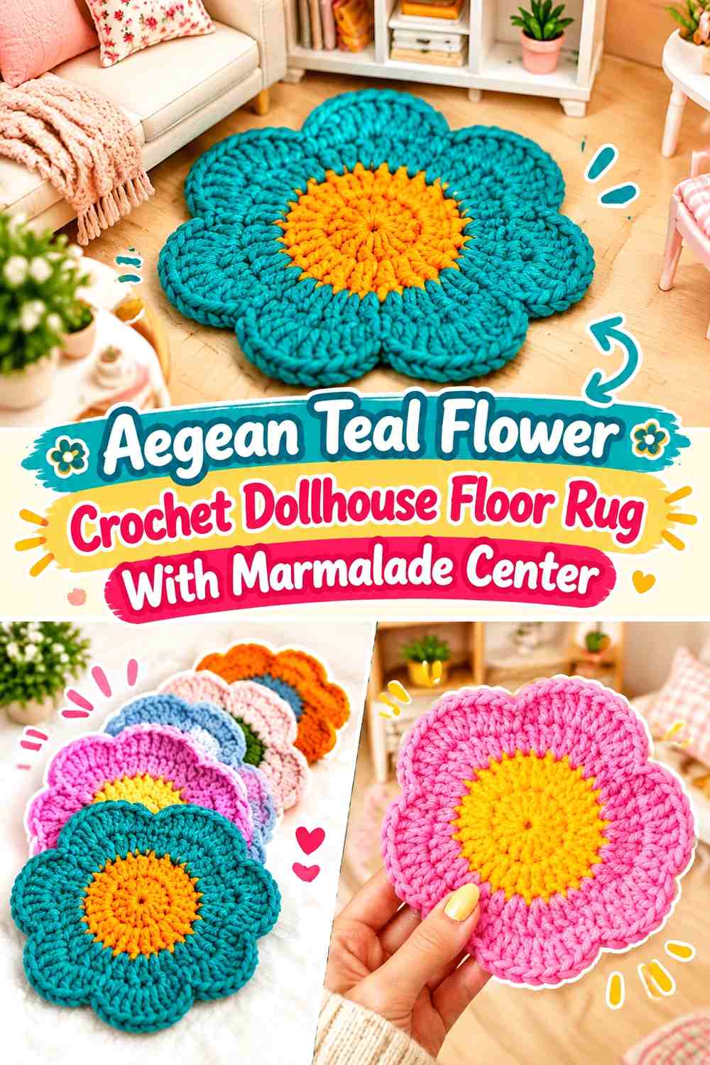 Aegean Teal Flower Crochet Dollhouse Floor Rug With Marmalade Center