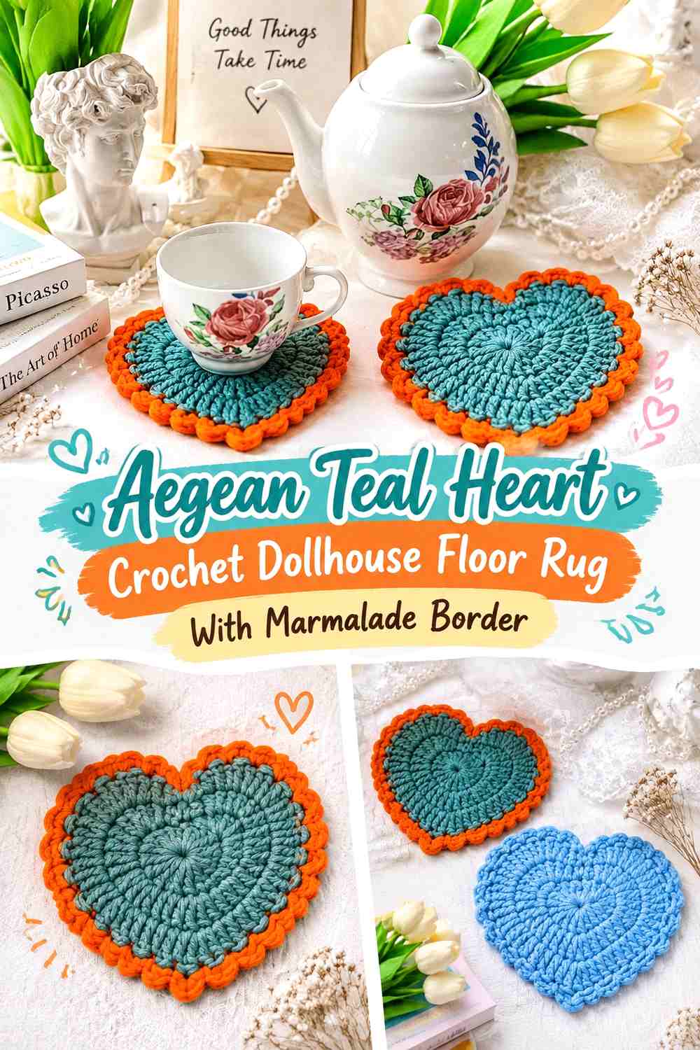 Aegean Teal Heart Crochet Dollhouse Floor Rug With Marmalade Border