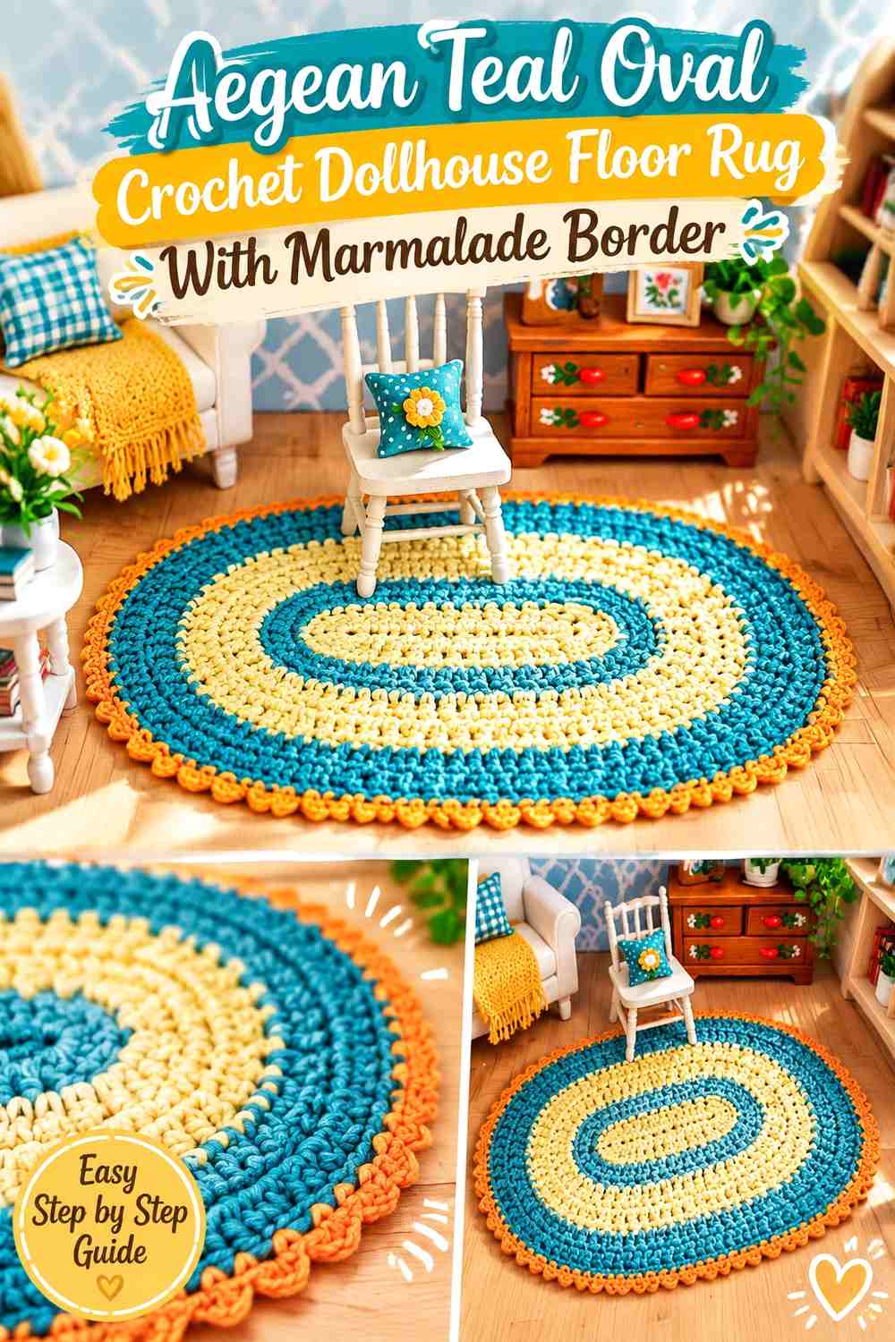 Aegean Teal Oval Crochet Dollhouse Floor Rug With Marmalade Border