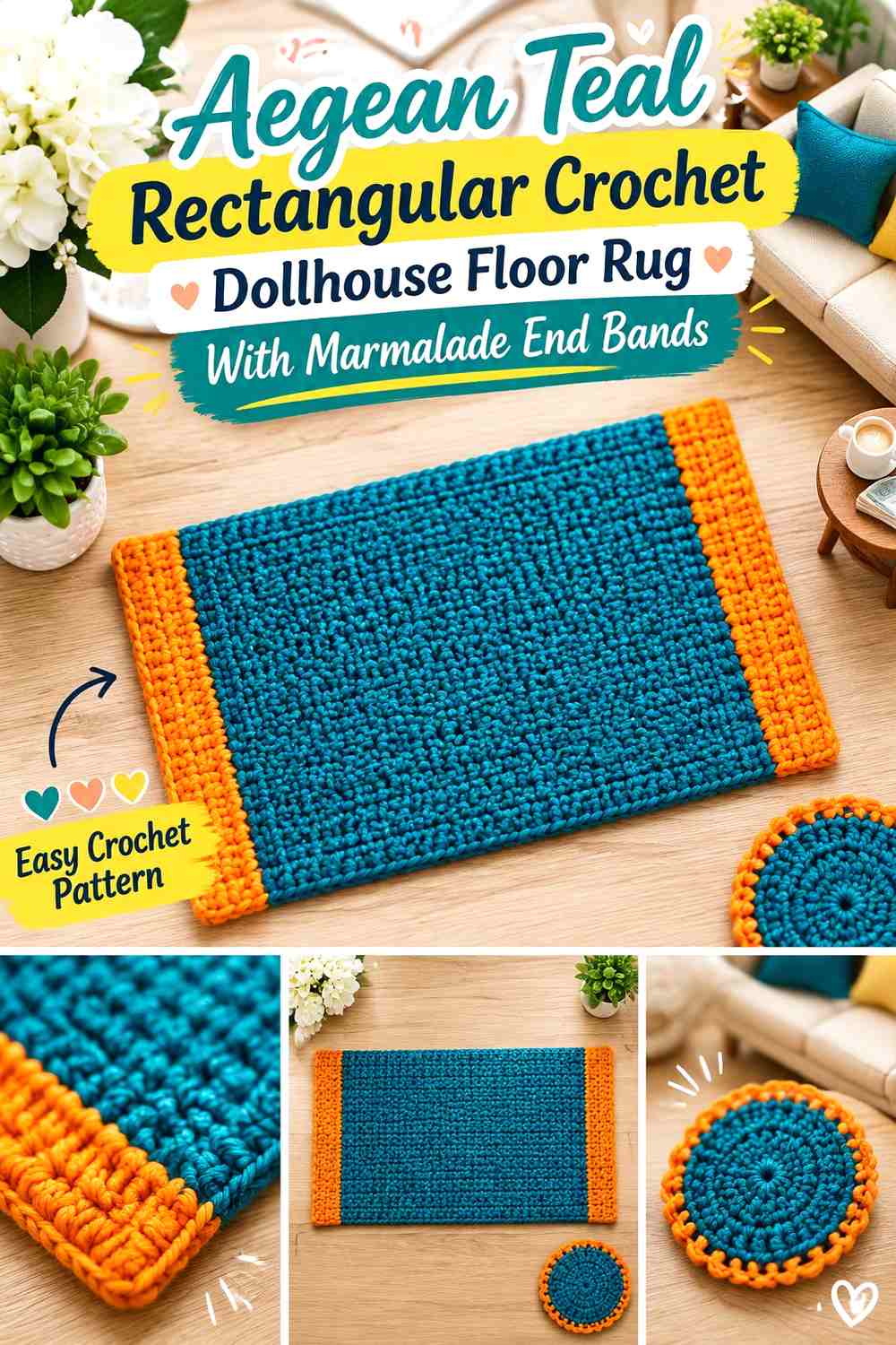 Aegean Teal Rectangular Crochet Dollhouse Floor Rug With Marmalade End Bands