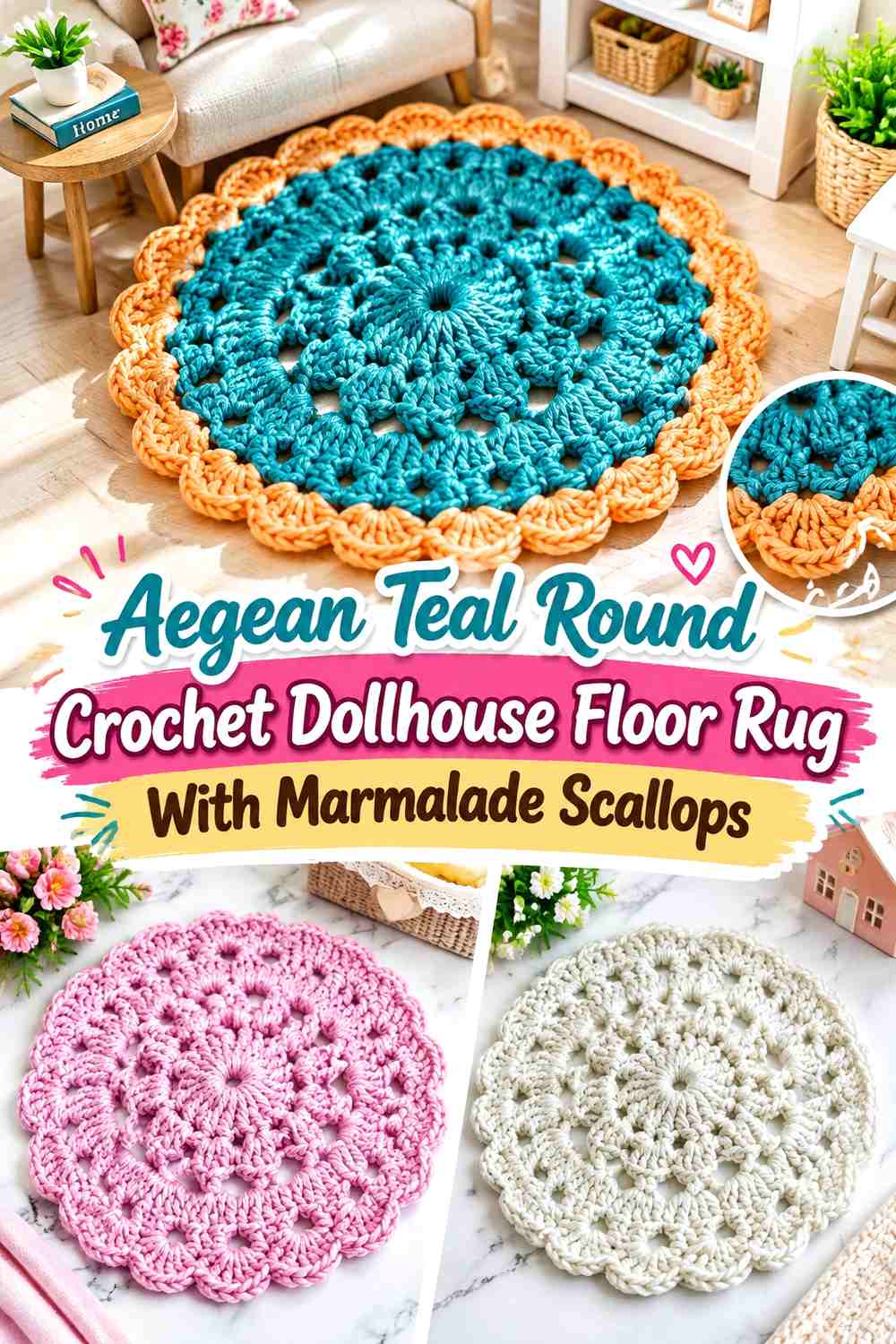 Aegean Teal Round Crochet Dollhouse Floor Rug With Marmalade Scallops