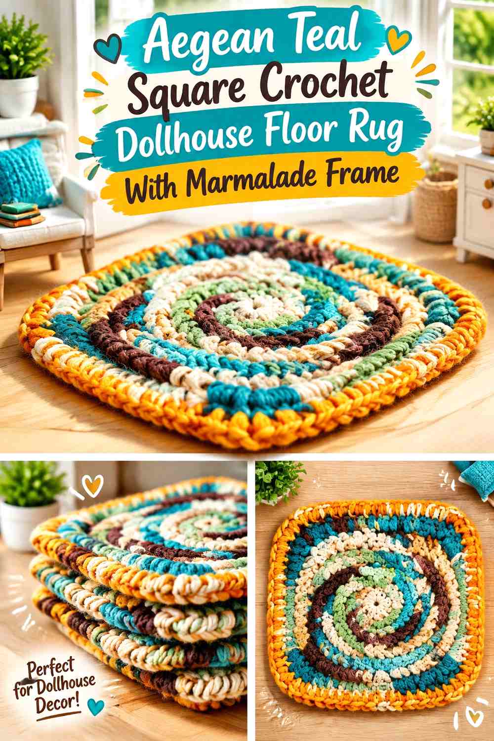 Aegean Teal Square Crochet Dollhouse Floor Rug With Marmalade Frame