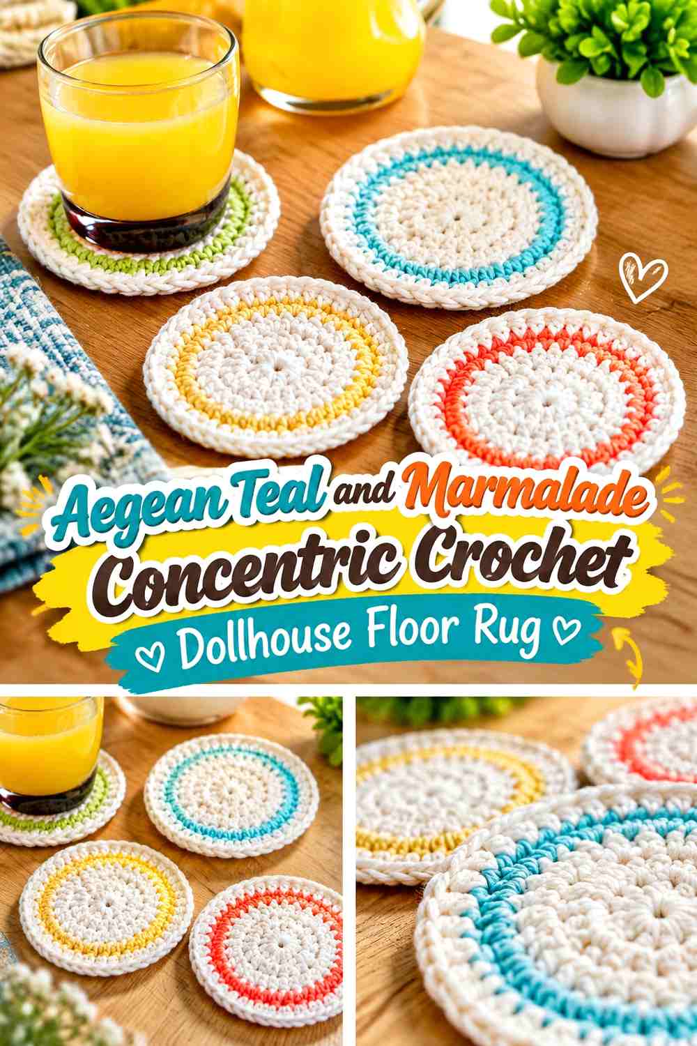 Aegean Teal and Marmalade Concentric Crochet Dollhouse Floor Rug