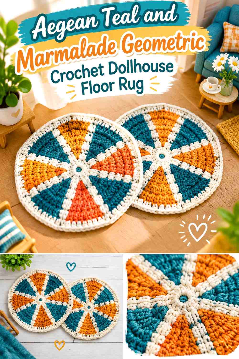 Aegean Teal and Marmalade Geometric Crochet Dollhouse Floor Rug