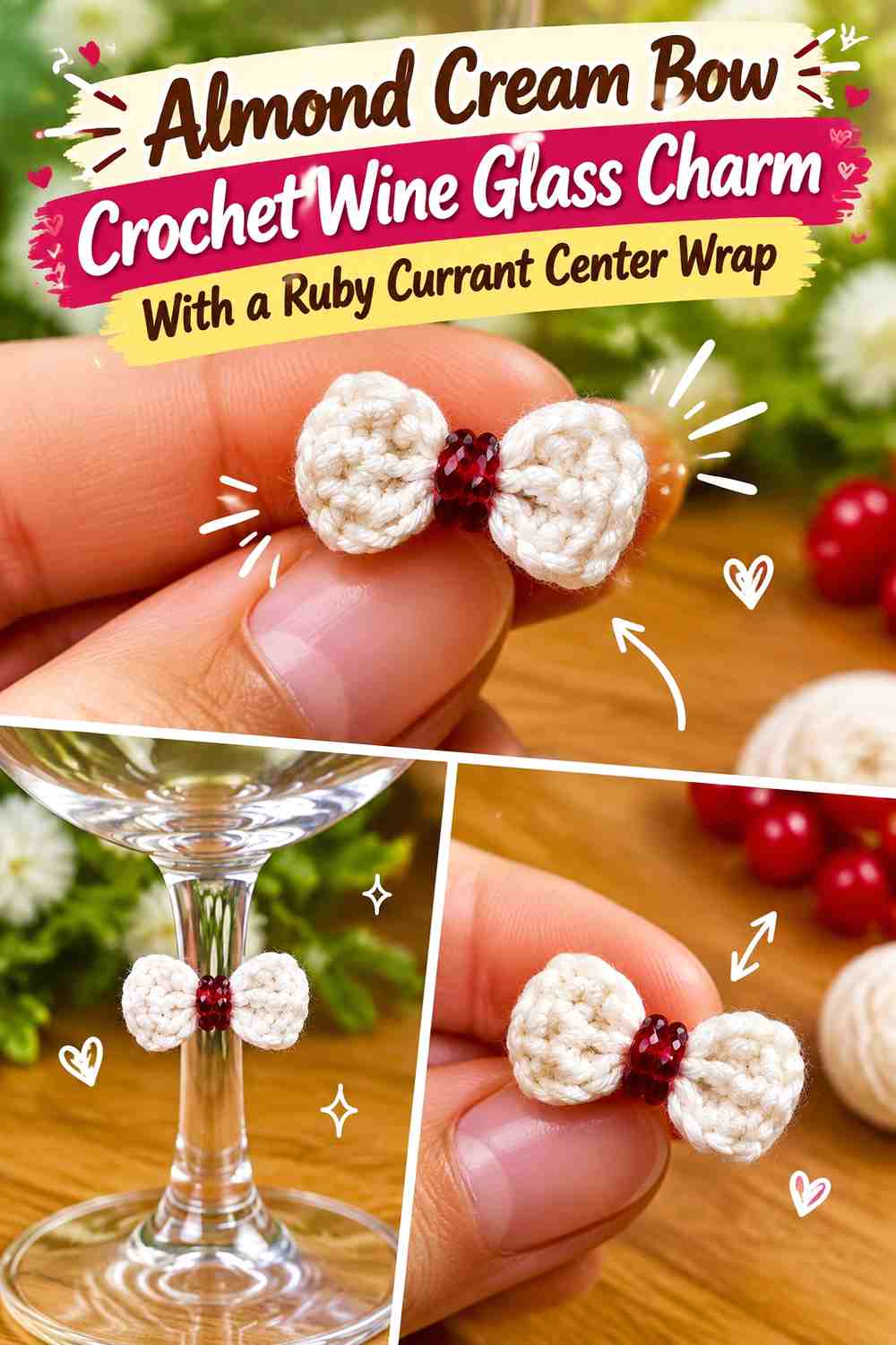 Almond Cream Bow Crochet Wine Glass Charm With a Ruby Currant Center Wrap