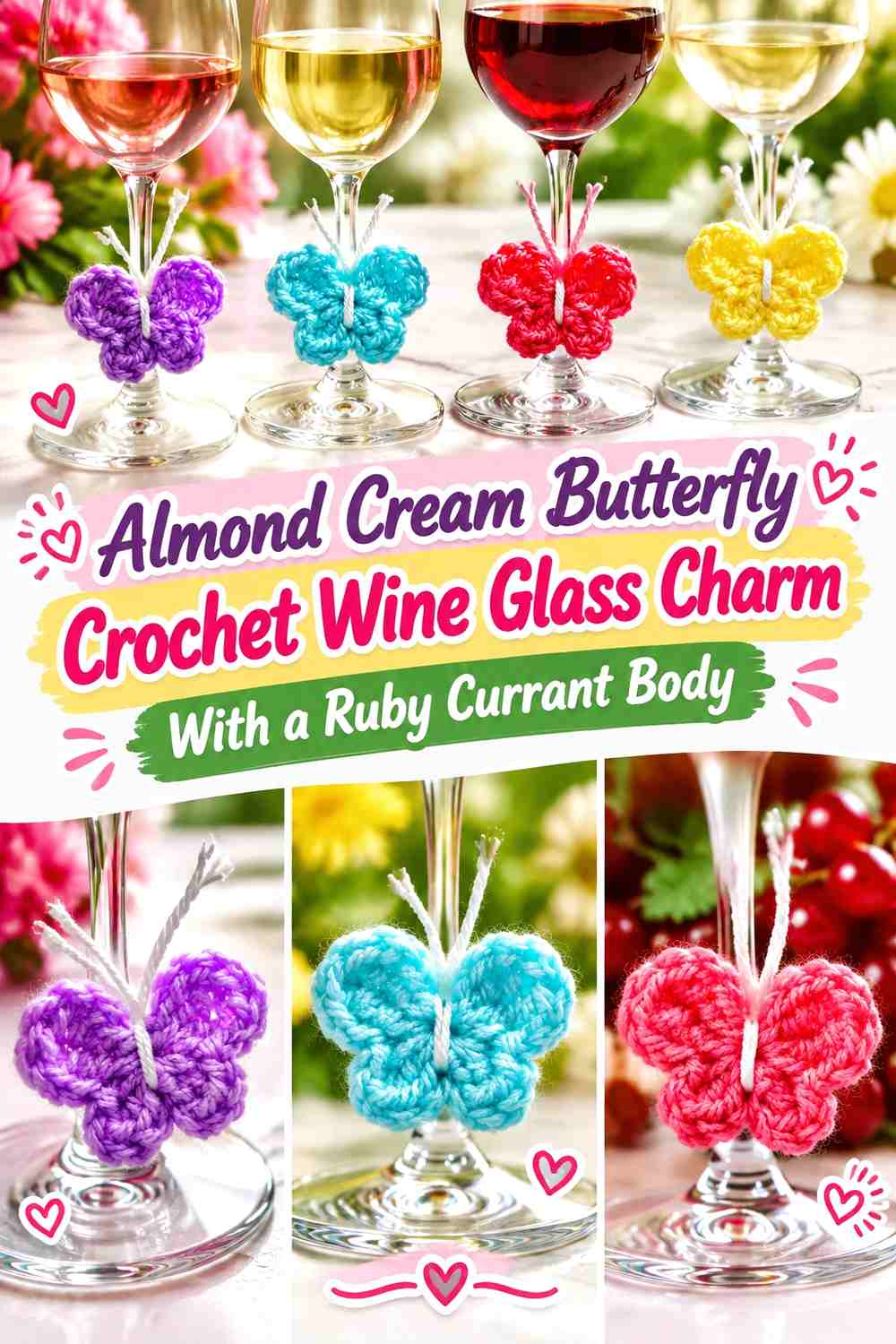 Almond Cream Butterfly Crochet Wine Glass Charm With a Ruby Currant Body