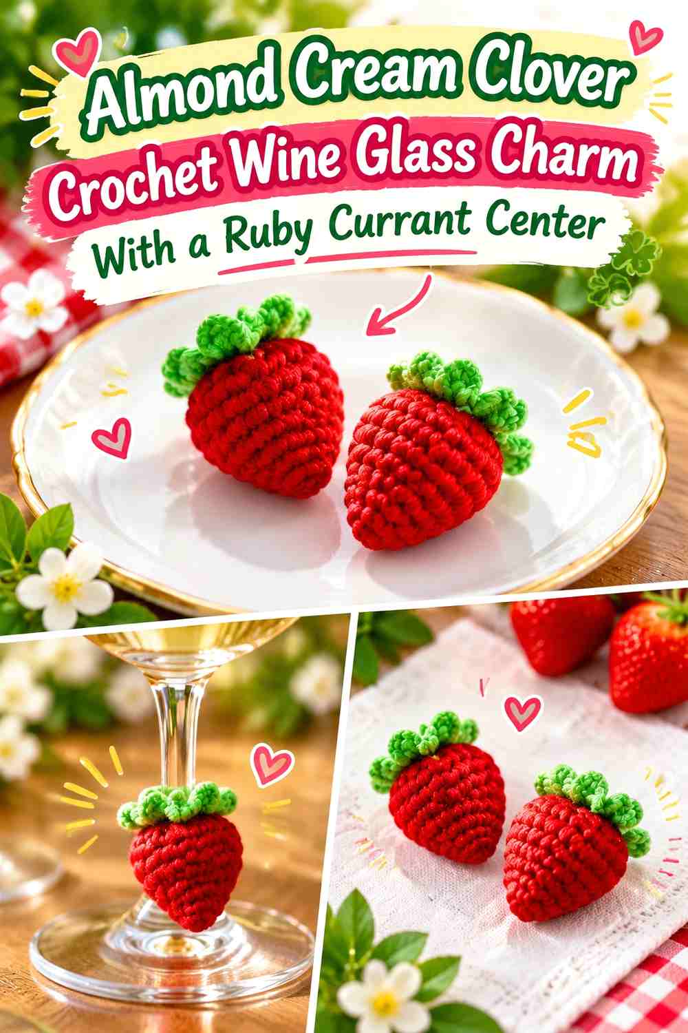 Almond Cream Clover Crochet Wine Glass Charm With a Ruby Currant Center