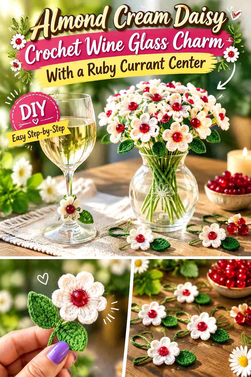 Almond Cream Daisy Crochet Wine Glass Charm With a Ruby Currant Center