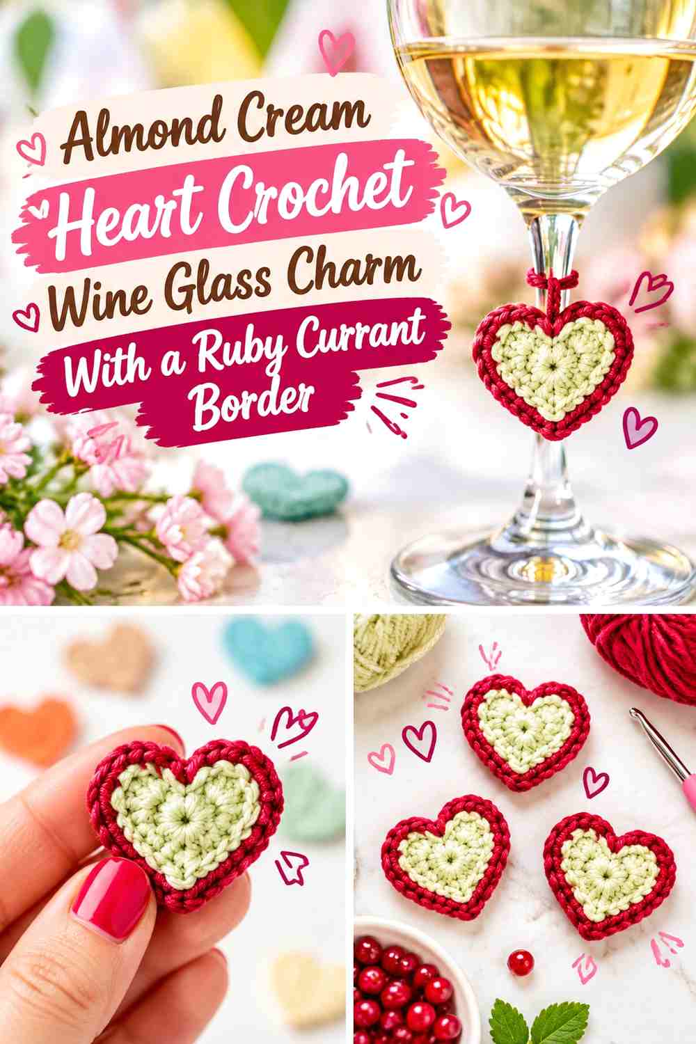 Almond Cream Heart Crochet Wine Glass Charm With a Ruby Currant Border