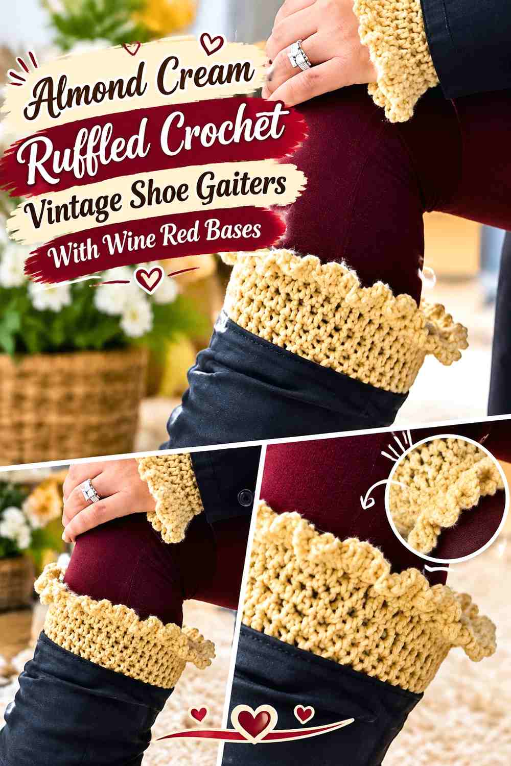 Almond Cream Ruffled Crochet Vintage Shoe Gaiters With Wine Red Bases