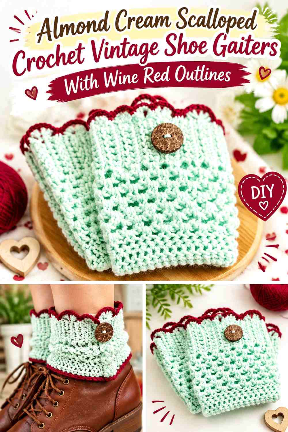 Almond Cream Scalloped Crochet Vintage Shoe Gaiters With Wine Red Outlines
