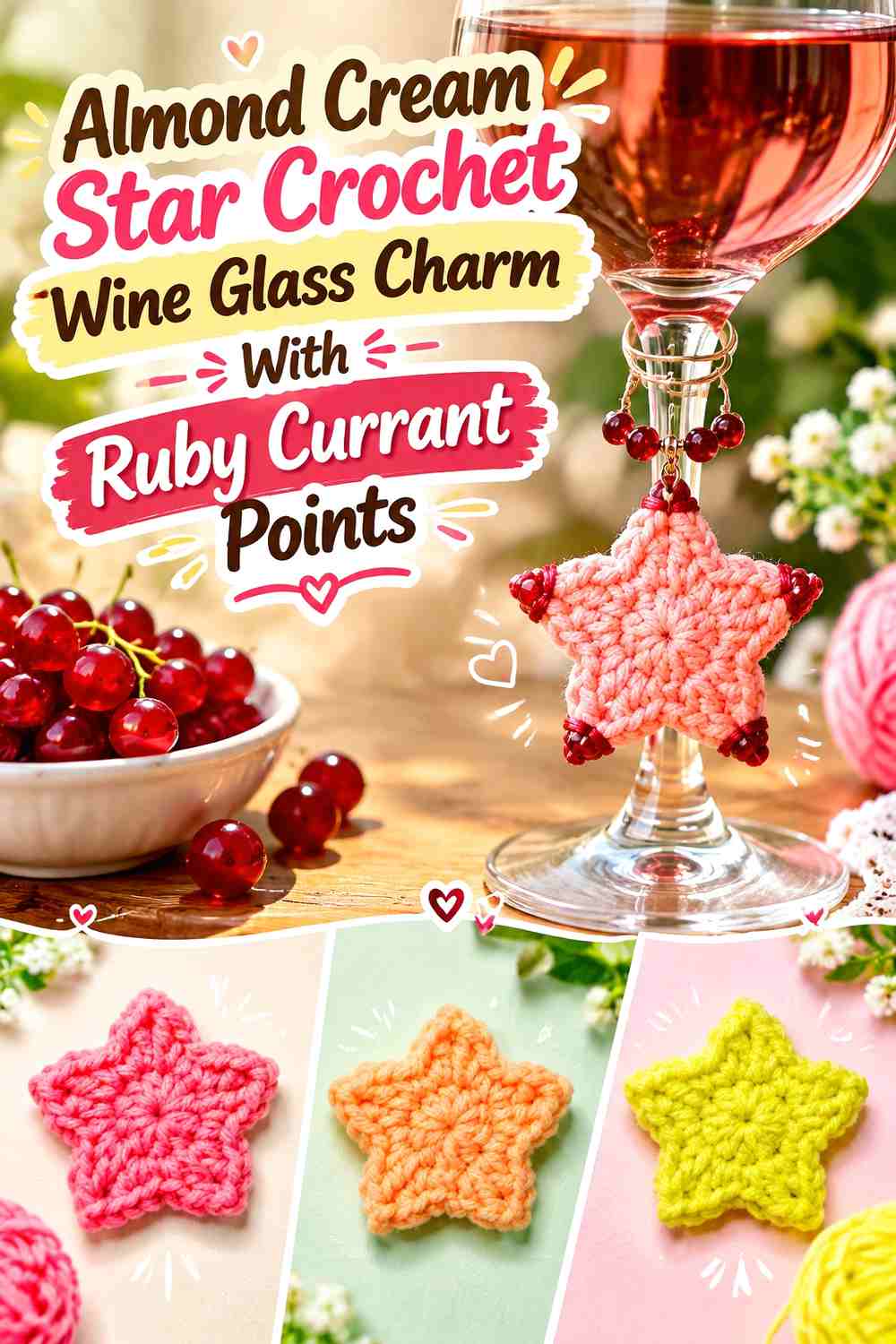 Almond Cream Star Crochet Wine Glass Charm With Ruby Currant Points