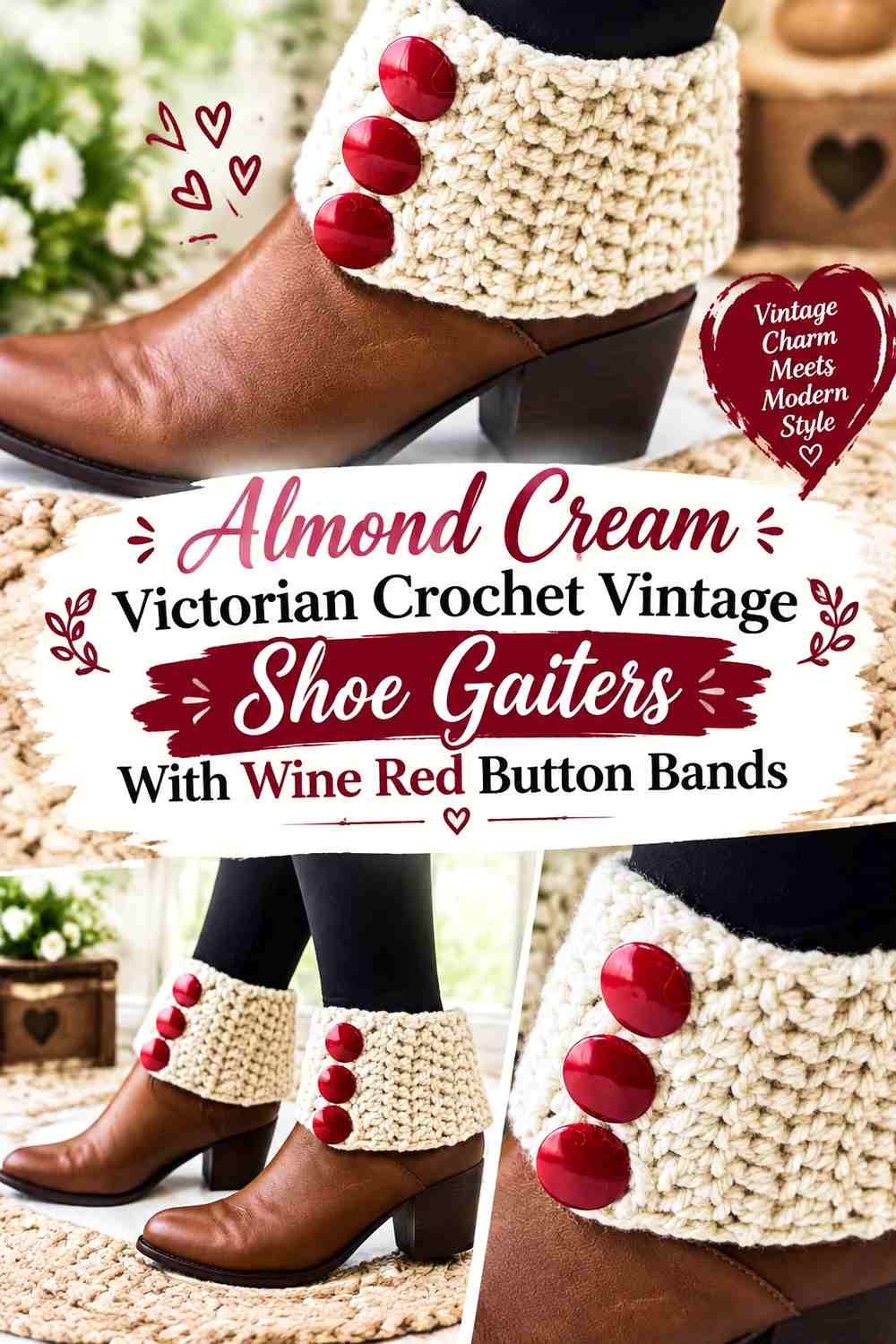 Almond Cream Victorian Crochet Vintage Shoe Gaiters With Wine Red Button Bands