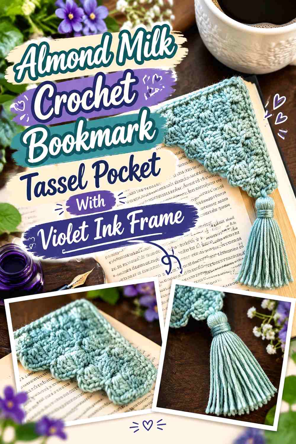 Almond Milk Crochet Bookmark Tassel Pocket With Violet Ink Frame