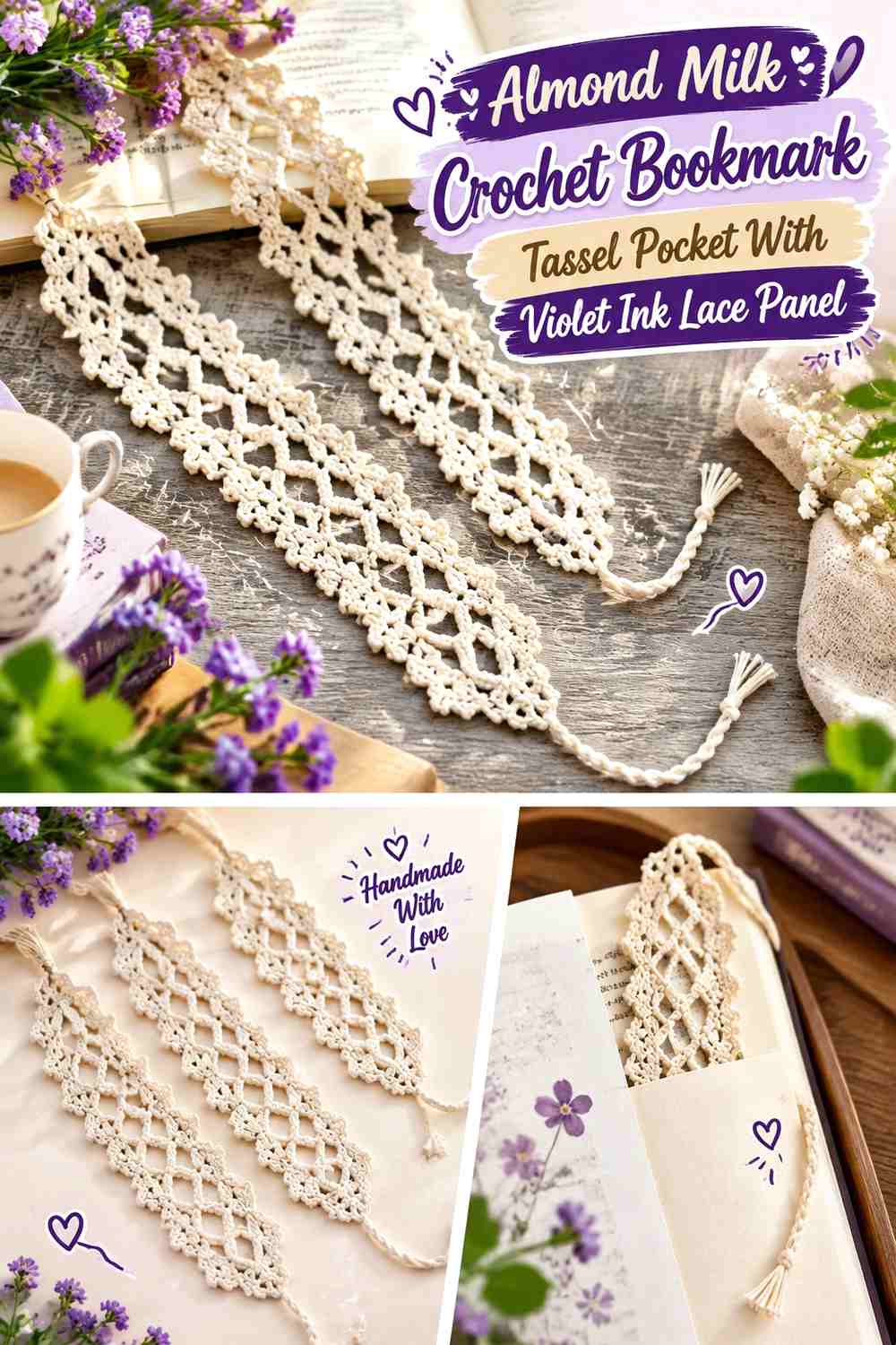 Almond Milk Crochet Bookmark Tassel Pocket With Violet Ink Lace Panel