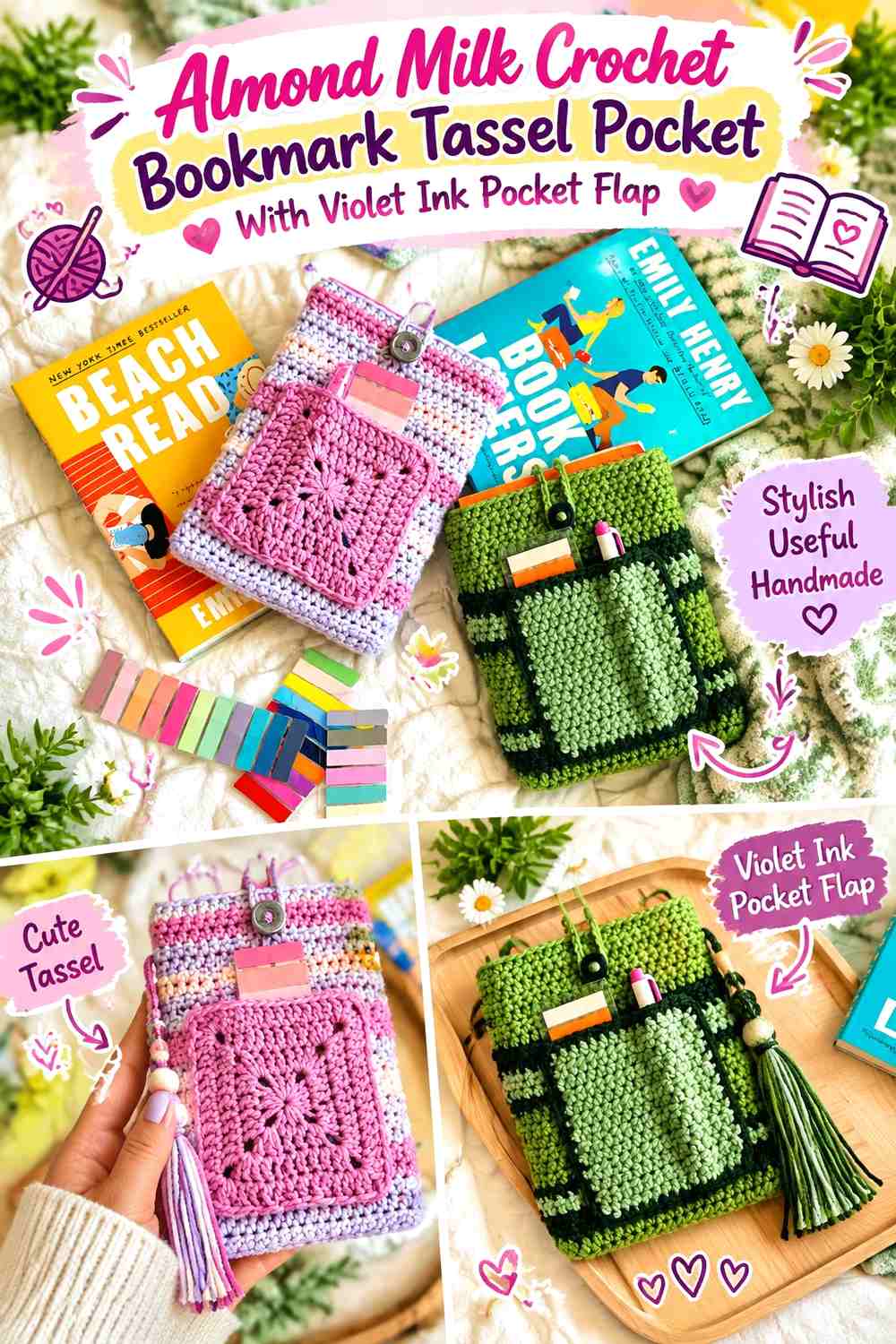 Almond Milk Crochet Bookmark Tassel Pocket With Violet Ink Pocket Flap