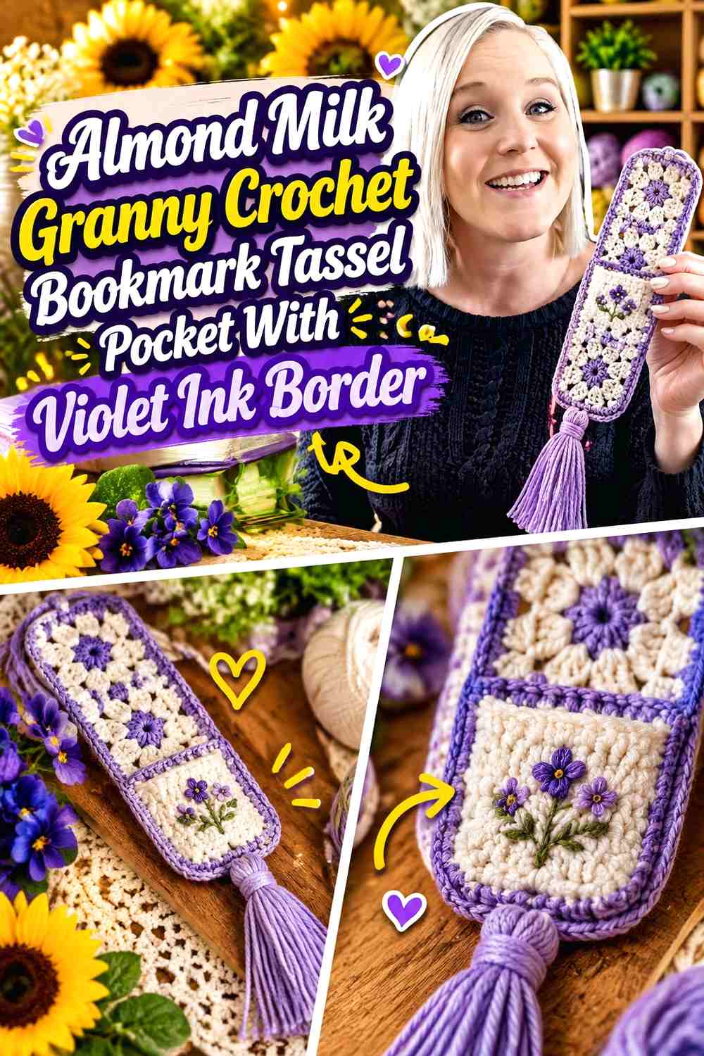 Almond Milk Granny Crochet Bookmark Tassel Pocket With Violet Ink Border