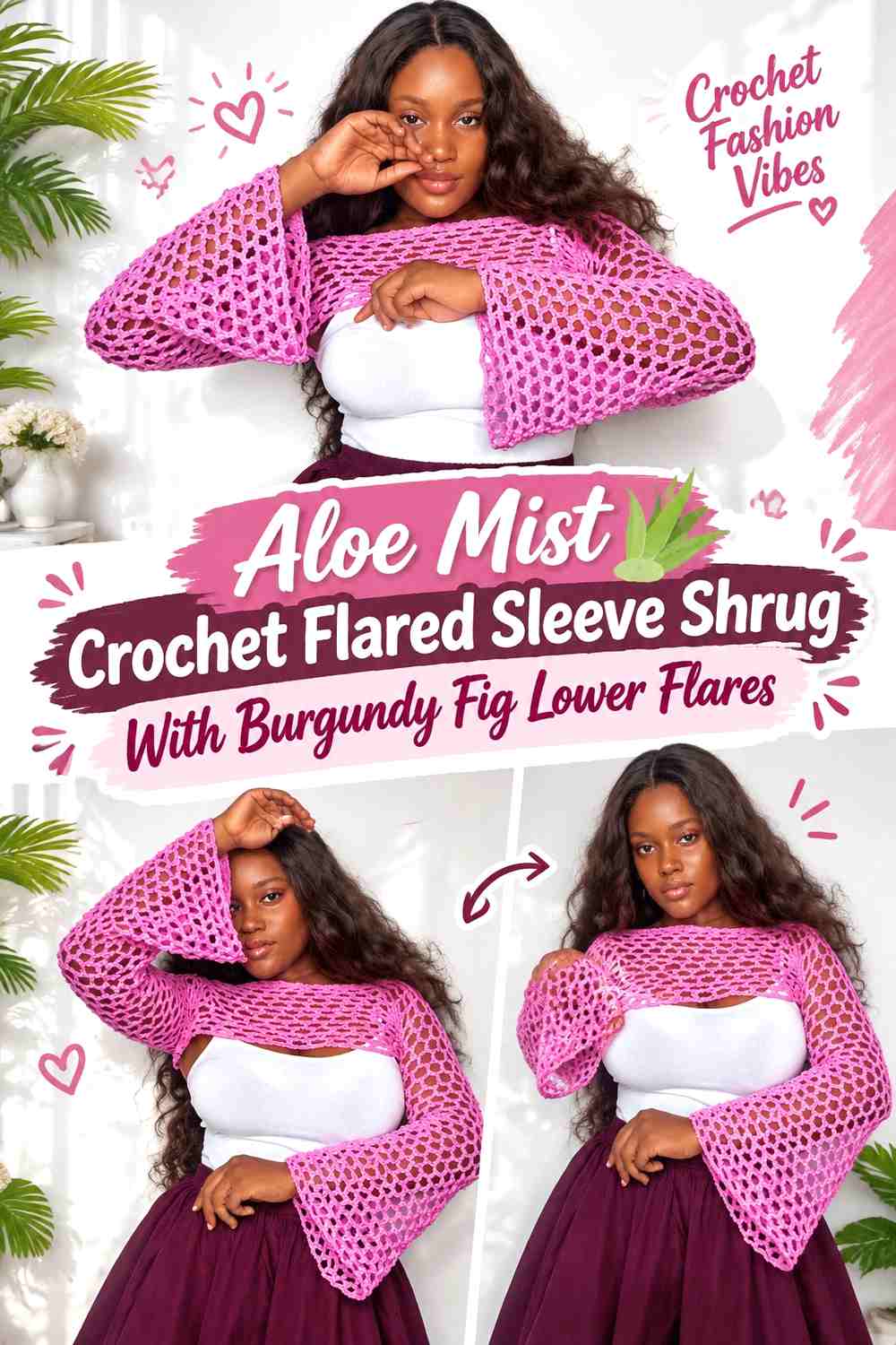 Aloe Mist Crochet Flared Sleeve Shrug With Burgundy Fig Lower Flares