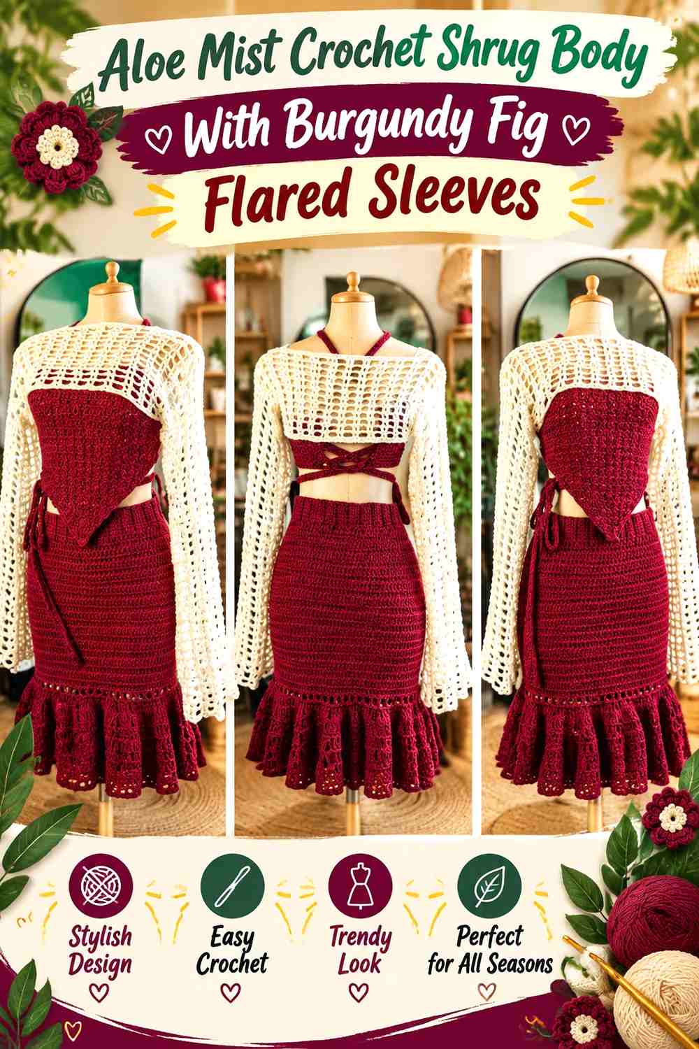 Aloe Mist Crochet Shrug Body With Burgundy Fig Flared Sleeves