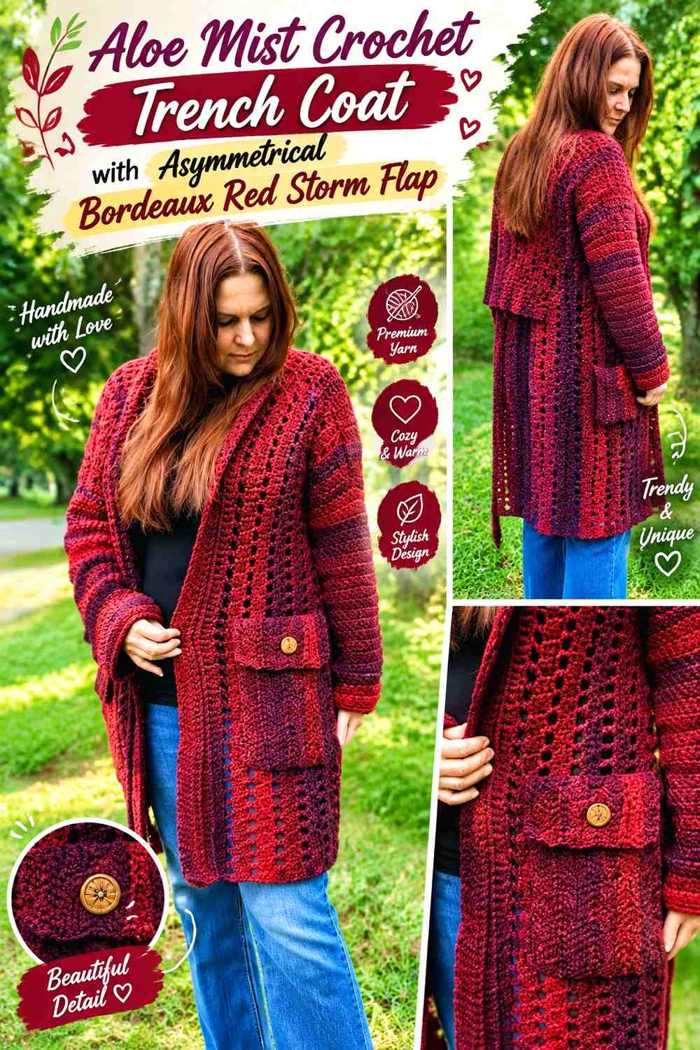 Aloe Mist Crochet Trench Coat with Asymmetrical Bordeaux Red Storm Flap