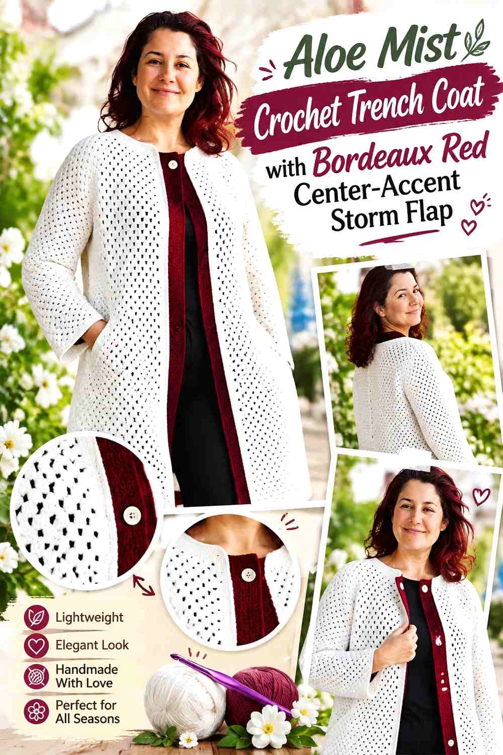Aloe Mist Crochet Trench Coat with Bordeaux Red Center-Accent Storm Flap
