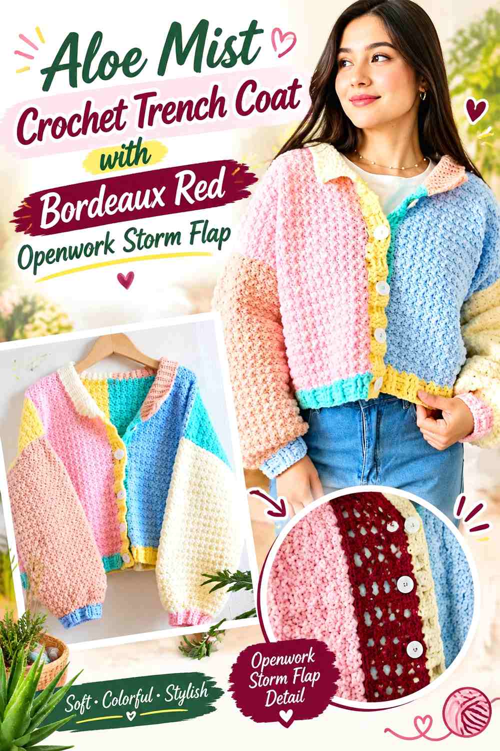 Aloe Mist Crochet Trench Coat with Bordeaux Red Openwork Storm Flap