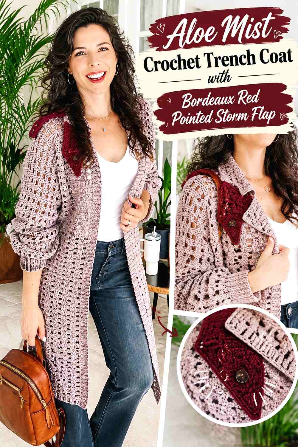 Aloe Mist Crochet Trench Coat with Bordeaux Red Pointed Storm Flap