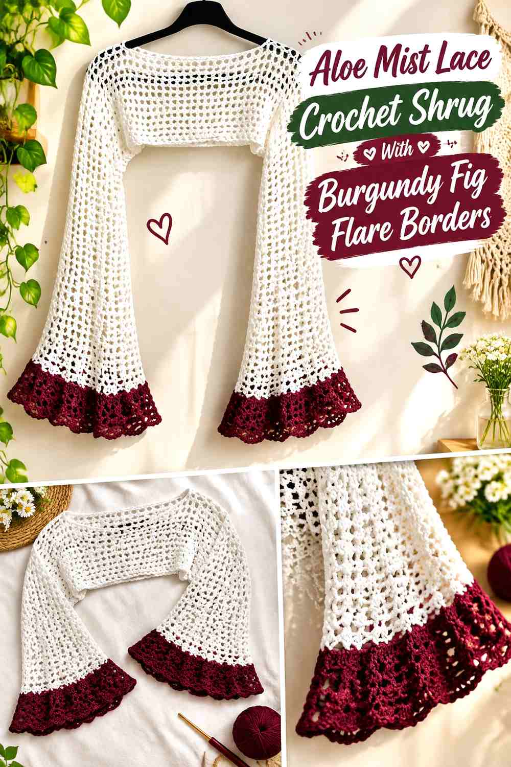 Aloe Mist Lace Crochet Shrug With Burgundy Fig Flare Borders