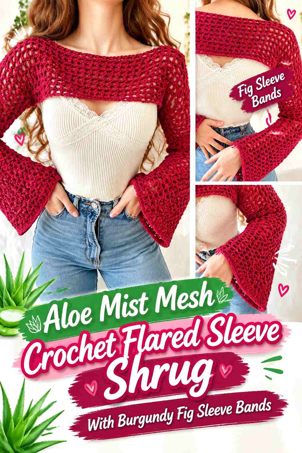 Aloe Mist Mesh Crochet Flared Sleeve Shrug With Burgundy Fig Sleeve Bands