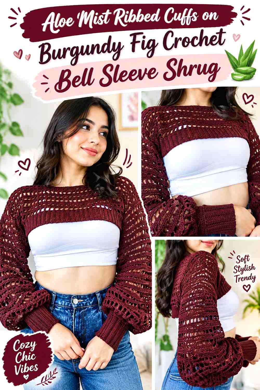 Aloe Mist Ribbed Cuffs on Burgundy Fig Crochet Bell Sleeve Shrug