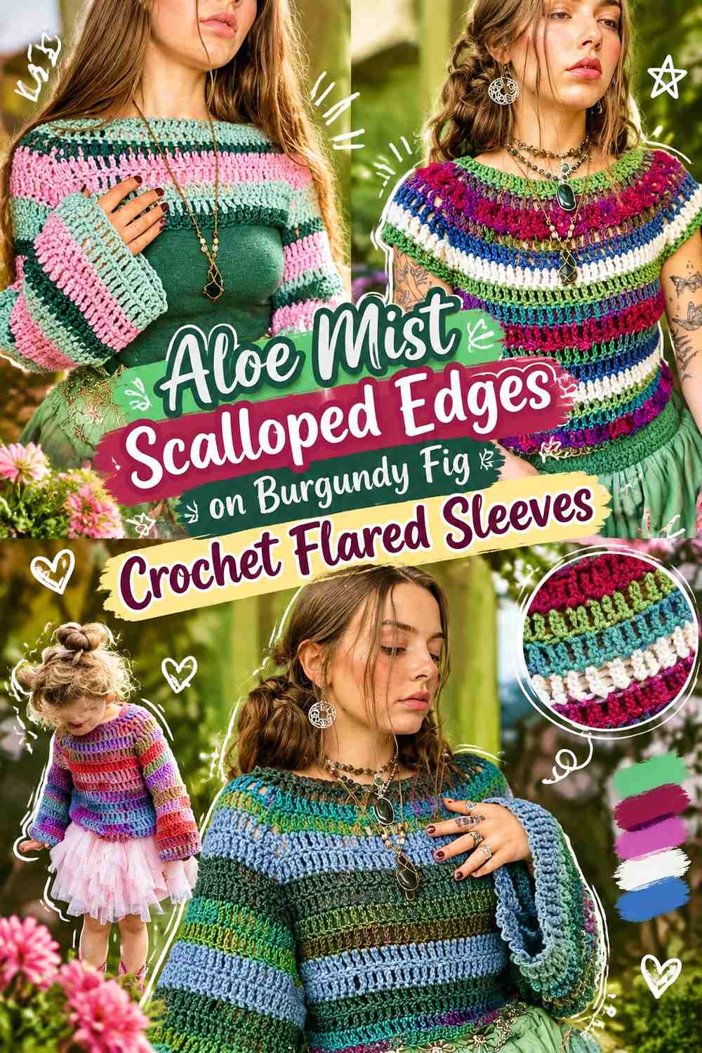 Aloe Mist Scalloped Edges on Burgundy Fig Crochet Flared Sleeves