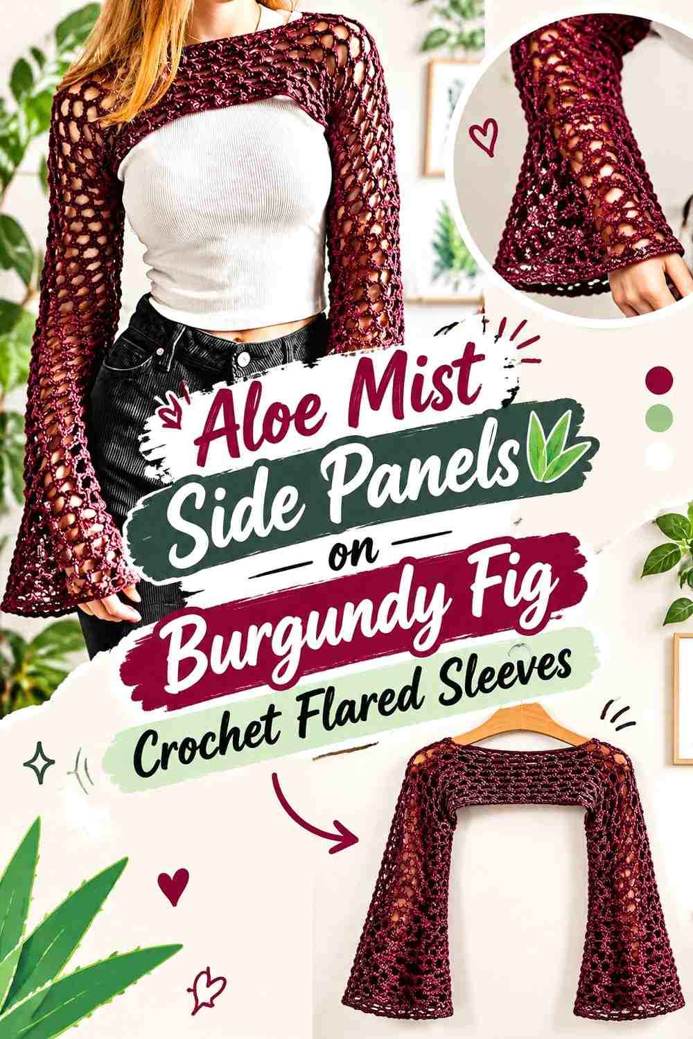 Aloe Mist Side Panels on Burgundy Fig Crochet Flared Sleeves