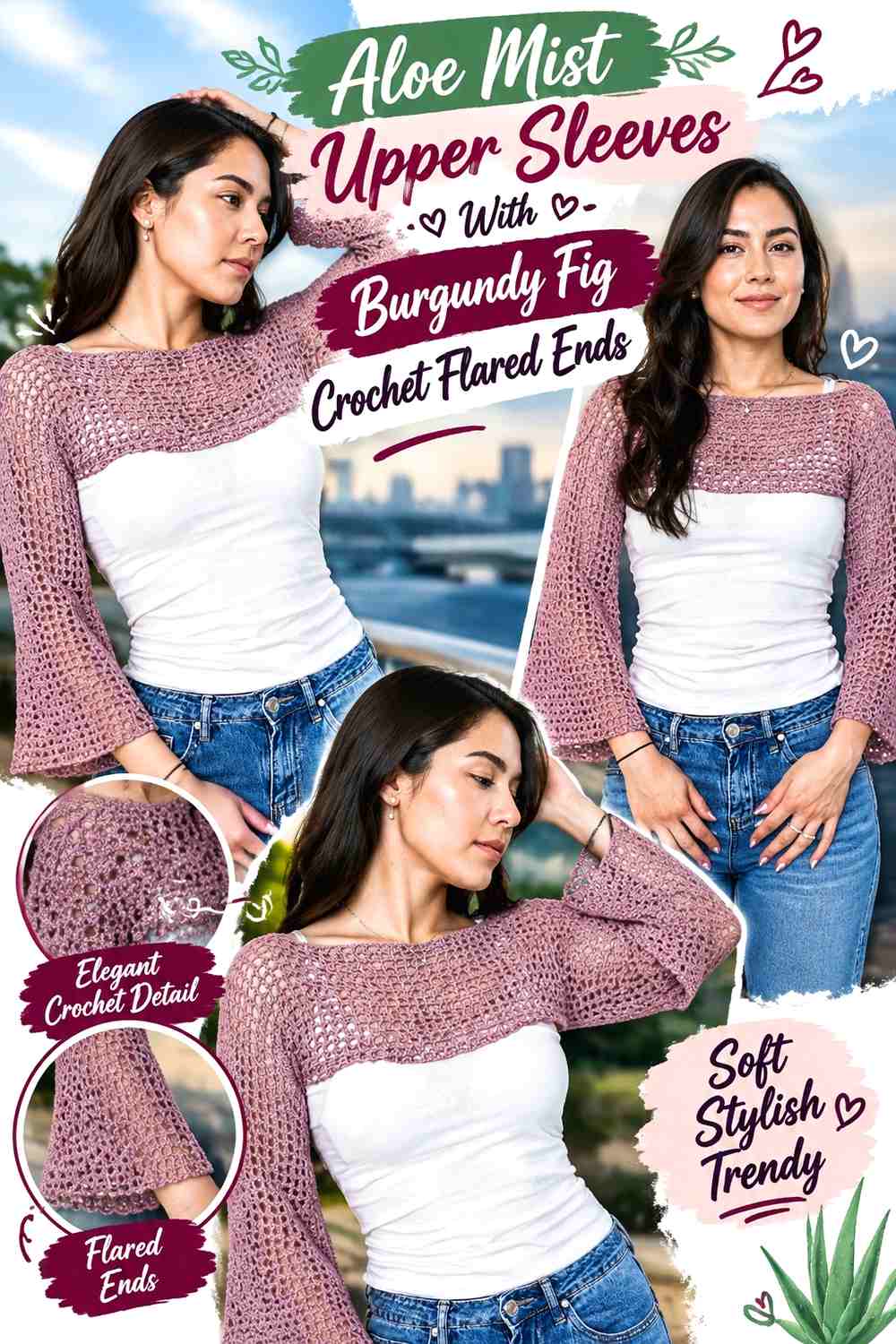 Aloe Mist Upper Sleeves With Burgundy Fig Crochet Flared Ends