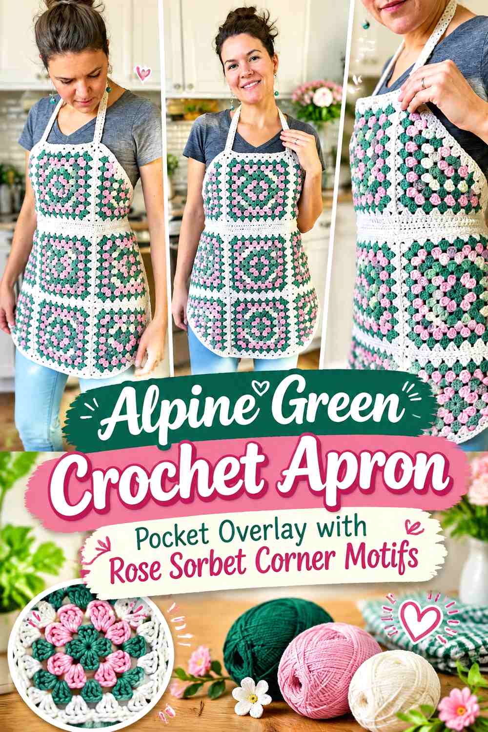 Alpine Green Crochet Apron Pocket Overlay with Rose Sorbet Corner Motifs