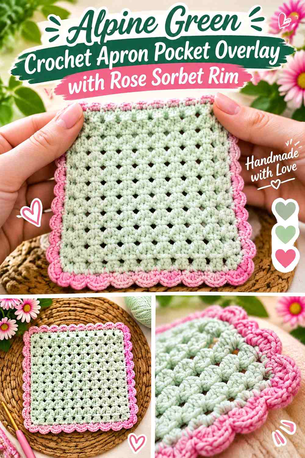 Alpine Green Crochet Apron Pocket Overlay with Rose Sorbet Rim