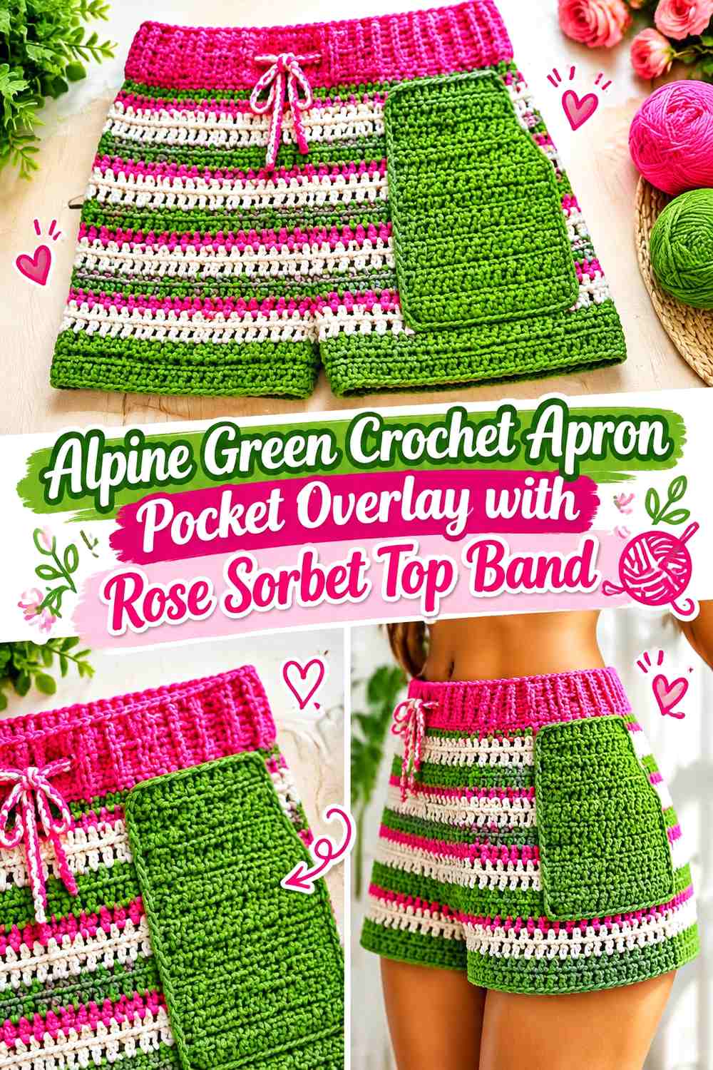 Alpine Green Crochet Apron Pocket Overlay with Rose Sorbet Top Band