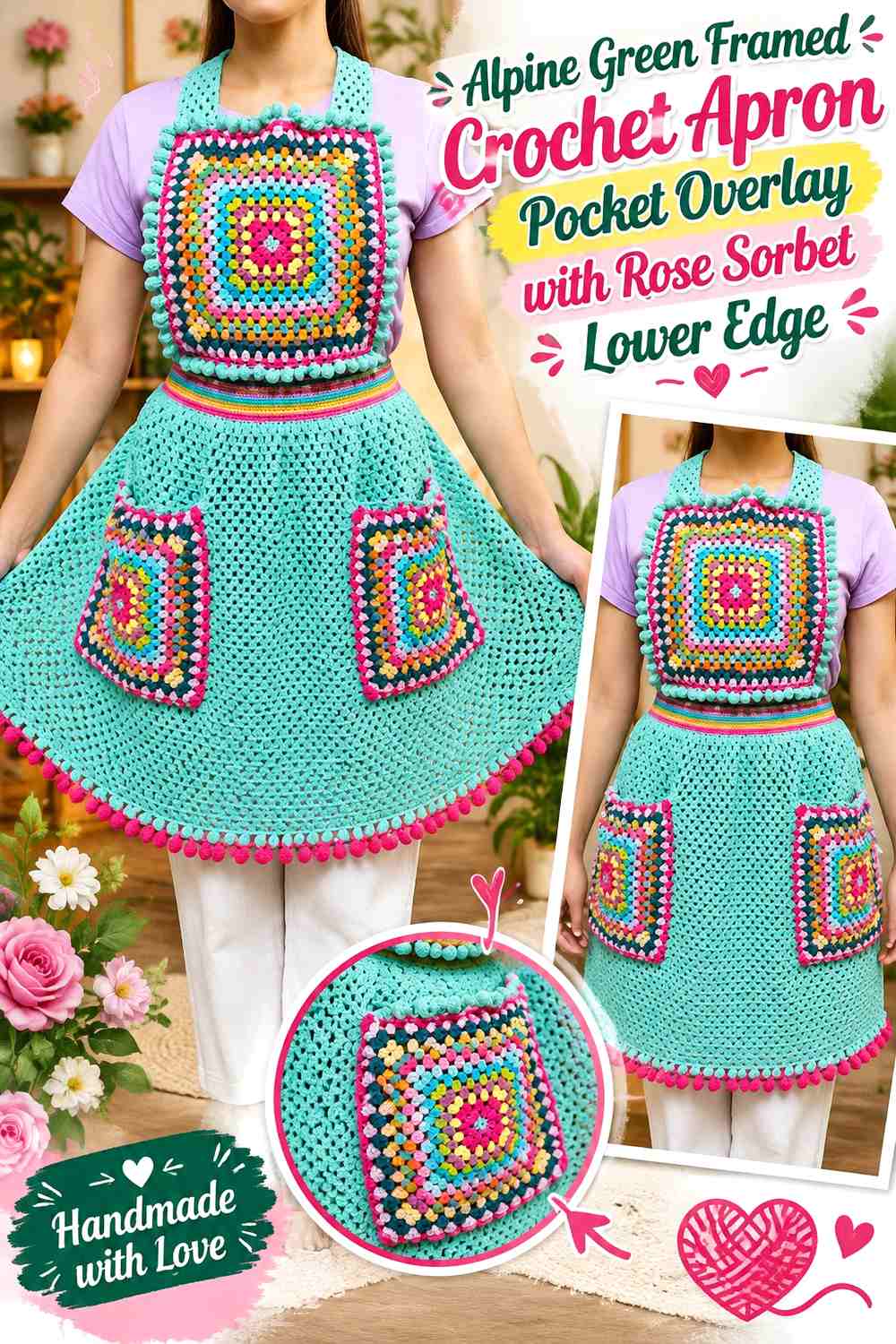 Alpine Green Framed Crochet Apron Pocket Overlay with Rose Sorbet Lower Edge