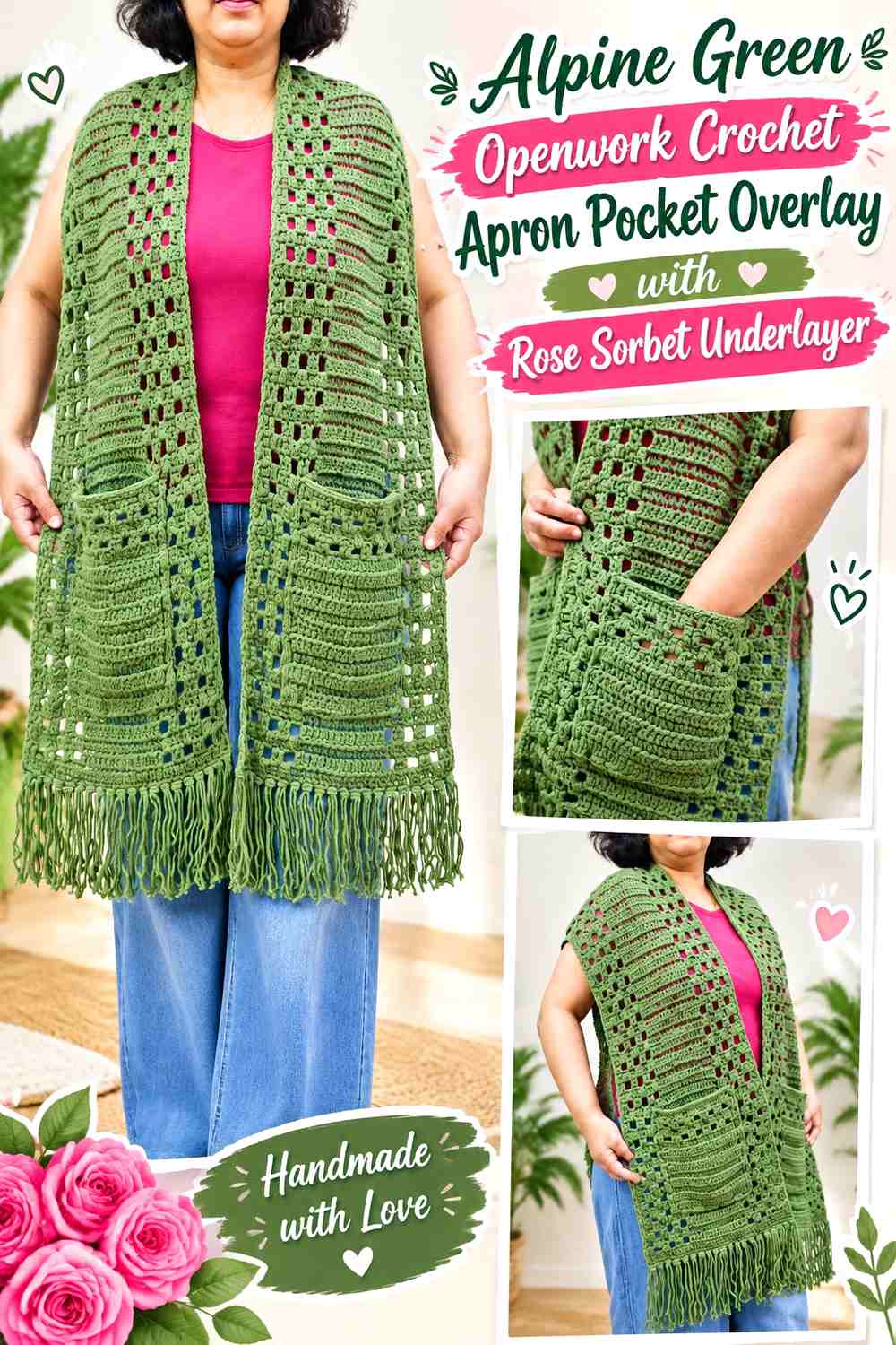 Alpine Green Openwork Crochet Apron Pocket Overlay with Rose Sorbet Underlayer