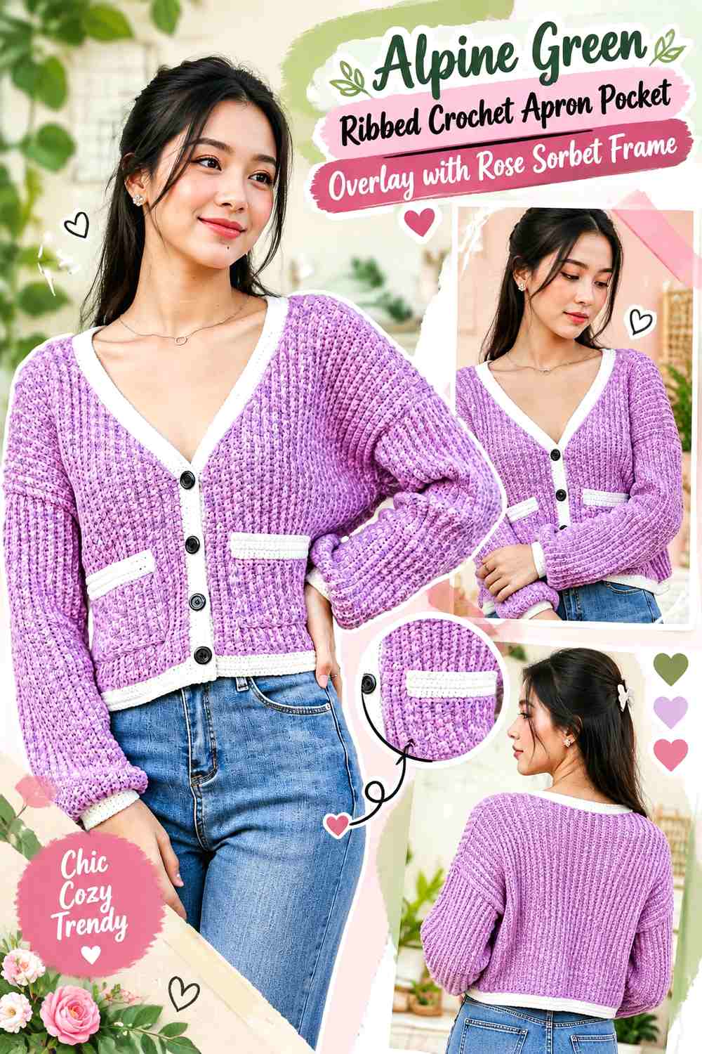 Alpine Green Ribbed Crochet Apron Pocket Overlay with Rose Sorbet Frame