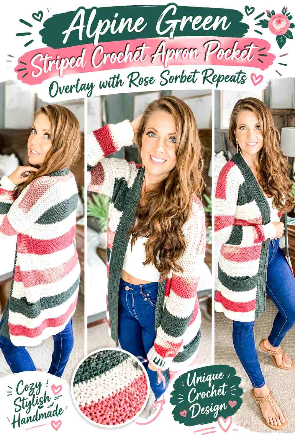 Alpine Green Striped Crochet Apron Pocket Overlay with Rose Sorbet Repeats