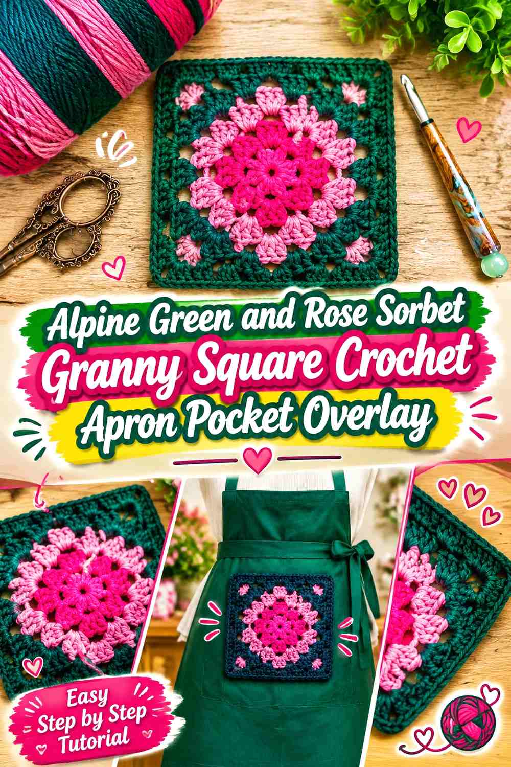 Alpine Green and Rose Sorbet Granny Square Crochet Apron Pocket Overlay