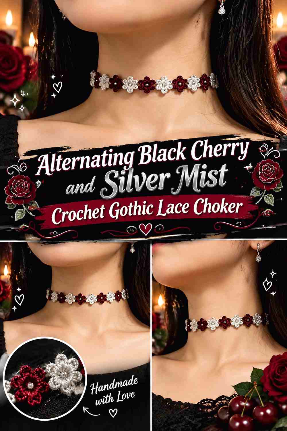 Alternating Black Cherry and Silver Mist Crochet Gothic Lace Choker