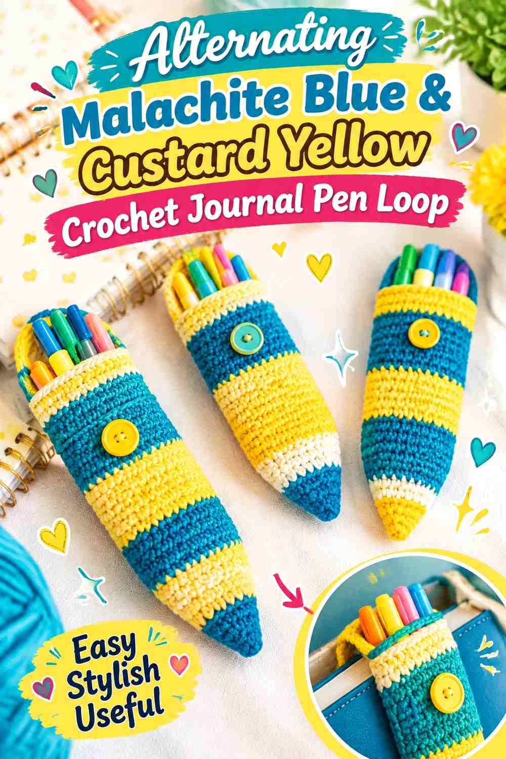 Alternating Malachite Blue & Custard Yellow Crochet Journal Pen Loop