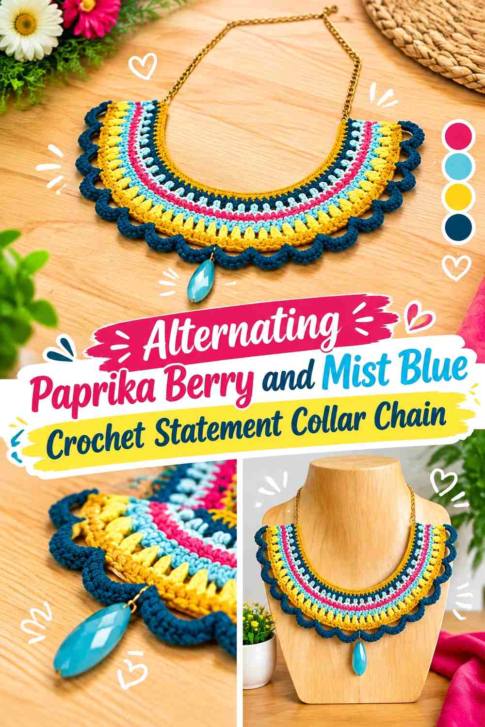 Alternating Paprika Berry and Mist Blue Crochet Statement Collar Chain