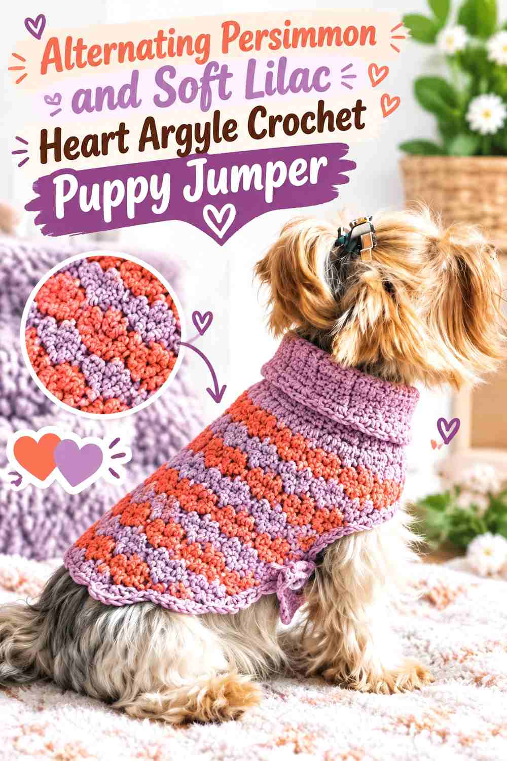 Alternating Persimmon and Soft Lilac Heart Argyle Crochet Puppy Jumper