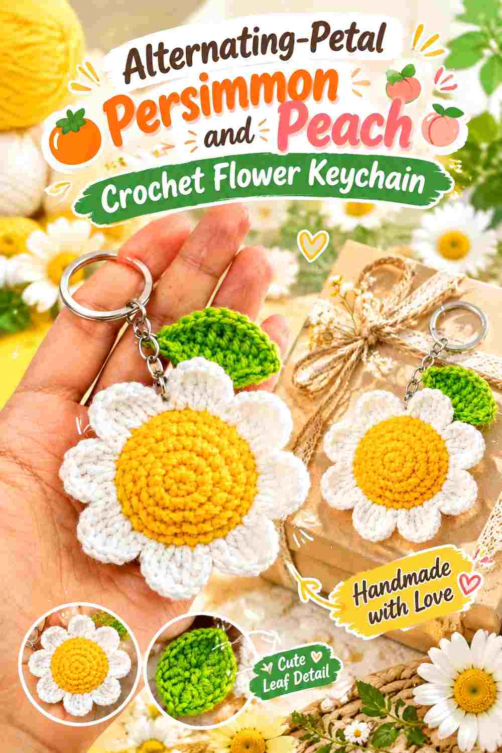 14. Alternating Petal Persimmon And Peach Crochet Flower Keychain