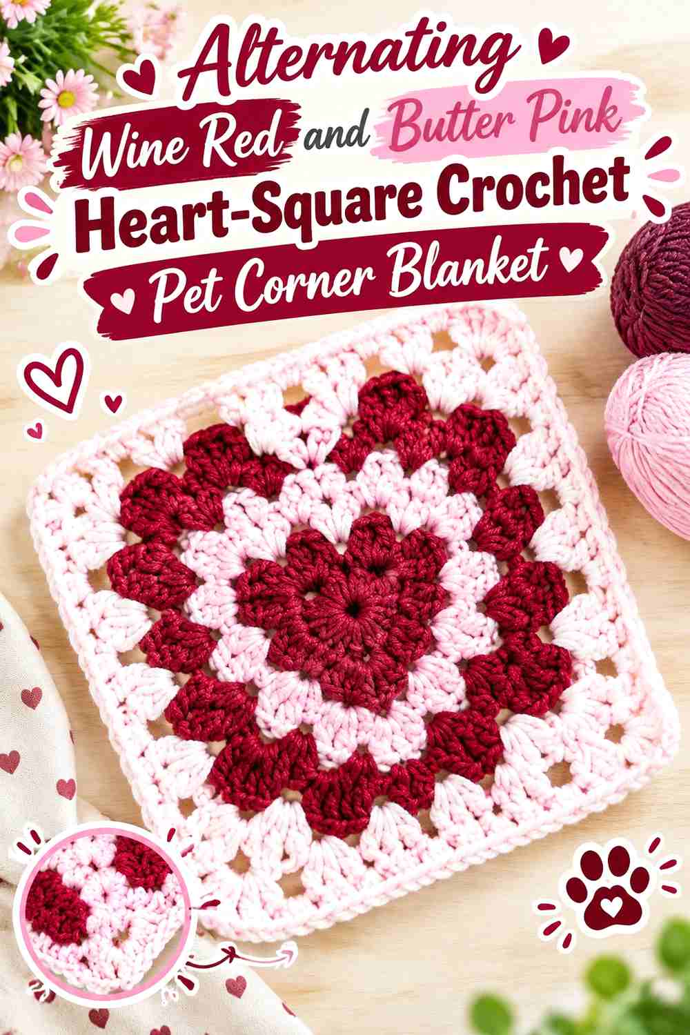Alternating Wine Red and Butter Pink Heart-Square Crochet Pet Corner Blanket